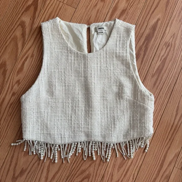 Jason Wu Cream Sleeveless Crop Top Pearl Fringe - Picture 3 of 10